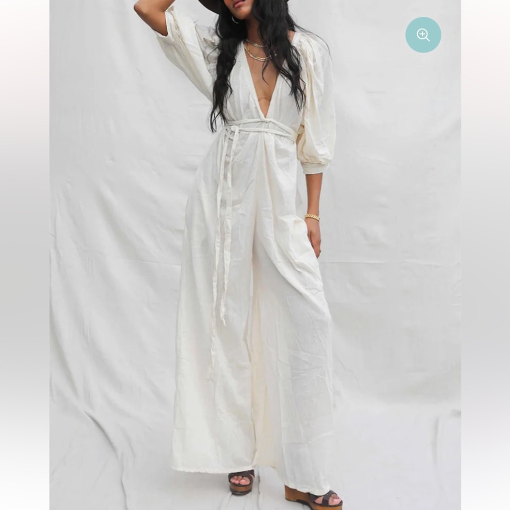 Jen's Pirate Booty Cream Deep V Wide-Leg Jumpsuit